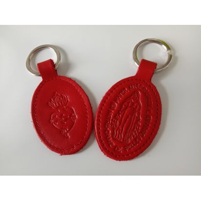 Porte-clés en cuir rouge avec motif ND de Pellevoisin et Sacré Coeur de Petite maroquinerie