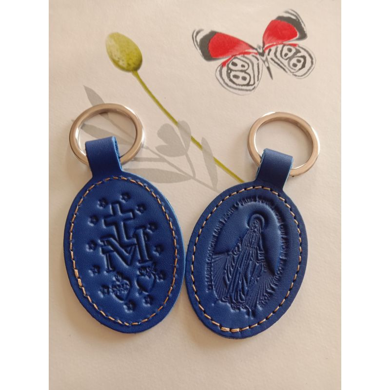 Porte clés en cuir bleu foncé motif médaille miraculeuse - La